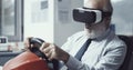 Businessman playing with VR headset and racing wheel Royalty Free Stock Photo