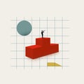 Businessman on podium with telescope, symbolizing vision, opportunity, leadership, success, growth. Minimal illustration