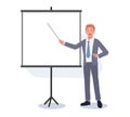Businessman Pointing On Blank Board For Presentation. Young Businessman In Business Suit With Tie. Flat Vector Illustration