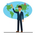 Businessman pointing at global world map cartoon flat vector illustration concept on isolated white background Royalty Free Stock Photo