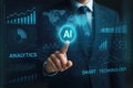 Businessman pointing at a glowing AI interface with world map and analytics charts artificial intelligence Royalty Free Stock Photo
