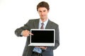 Businessman pointing on laptops blank screen Royalty Free Stock Photo