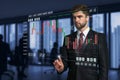 Businessman pointing and presses on virtual screen futuristic interface conenect to big data and show stock graph Royalty Free Stock Photo