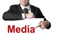 Businessman pointing on sign media isolated Royalty Free Stock Photo