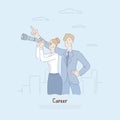 Businessman pointing at sky, businesswoman looking into telescope, planning for future metaphor, job opportunities Royalty Free Stock Photo