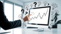 Businessman pointing at stock market graph with light bulbs and question marks finance Royalty Free Stock Photo