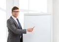 Businessman pointing to flip board in office