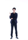 Businessman pointing on white background