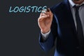 Businessman pointing at word LOGISTICS on virtual screen against background, closeup