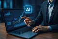 Businessman analyzing financial data on laptop with AI insight artificial intelligence Royalty Free Stock Photo