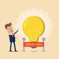 Businessman points to a big light bulb as a symbol big idea. Idea concept. Great Idea. Vector illustration Royalty Free Stock Photo