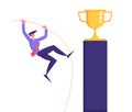 Businessman Pole Vaulting Over Challenge Trying to Reach Golden Trophy Goblet Standing on Top of High Pedestal