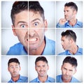 Businessman, portrait and collage with facial expressions, humor or comedy in montage. Handsome model or male person Royalty Free Stock Photo