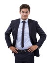 Businessman, portrait and hands on hip for happy, studio mockup and positive for professional worker in pride. Person
