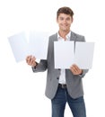 Businessman, portrait and smile with poster mockup in studio for announcement, billboard or placard. Person, paper and