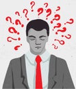 Businessman portrait - thinking man with question doodles, business illustration