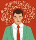 Businessman portrait - thinking man with speech clouds, business illustration