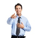 Businessman portrait, you or pointing hands in employment opportunity, candidate choice or selection on studio