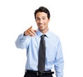 Businessman portrait, you or pointing hands on studio background in employment opportunity, candidate choice or