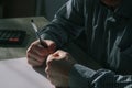 Businessman pounding fist on table, cropped image. Angry businessman showing his fists. Frustrated businessman hand clenched fists