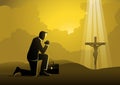 Businessman praying facing towards a cross vector illustration