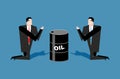 Businessman praying for oil barrels. Prayer oil quotations. Peo