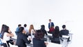 Businessman presentation in a conference meeting room and audience of the lecturer