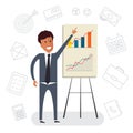 Businessman with presentation. Growing chart, Flat vector illustration.