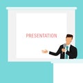 Businessman on presentation vector illustration. Business man character on tribune with microphone and white screen on Royalty Free Stock Photo