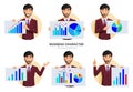 Businessman presentation vector set. Business man characters holding and showing whiteboard chart element for reporting.