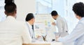 Businessman, presentation and whiteboard in conference room with graphs, statistics or market research. Male person