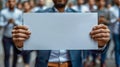 Businessman Presenting Blank White Banner for Advertisement. Generative ai