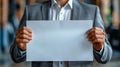 Businessman Presenting Blank White Banner for Advertisement. Generative ai