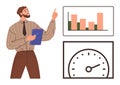 Businessman Presenting Data Insights with Bar Chart and Dashboard Speedometer Royalty Free Stock Photo