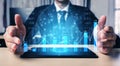 Businessman presenting digital data visualization and financial analytics with tablet. Hands show growth chart and Royalty Free Stock Photo