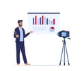 Businessman presenting new project on camera. He is showing graphs and pie charts. Coach giving presentation to clients online. Royalty Free Stock Photo