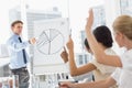 Businessman presenting pie chart to colleagues asking questions