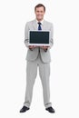 Businessman presenting screen of his laptop