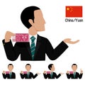 Businessman is presenting Yuan banknote on transparent background