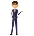 Businessman presents something flat cartoon illustration.