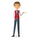 Businessman presents something vector flat cartoon illustration.