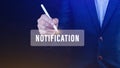 Businessman pressing button notification on virtual screens, business, technology, internet and networking concept Royalty Free Stock Photo