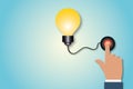 Businessman pressing button to turn on light bulb. Ideas inspiration concepts of business start up or goal to success.