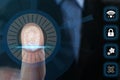 Businessman pressing control glass of biometric fingerprint scanner, closeup Royalty Free Stock Photo