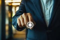 businessman pressing power button. Start or shut down concept Royalty Free Stock Photo