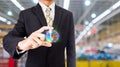 Businessman pressing security button internet and networking concept