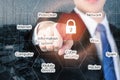 businessman pressing security button on virtual screens for internet and network security. Business, technology, internet and net