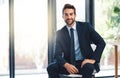 Businessman, pride and chair in office with portrait for ambition, success and career mindset. Corporate person, suit Royalty Free Stock Photo