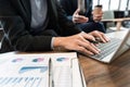 Businessman professional women in suit explaining about her profile to business managers holding reading a resume, interview the Royalty Free Stock Photo