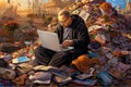 Businessman or Programmer Working on a Mobile Computer Laptop among Ancient Ruins extreme closeup. Generative AI